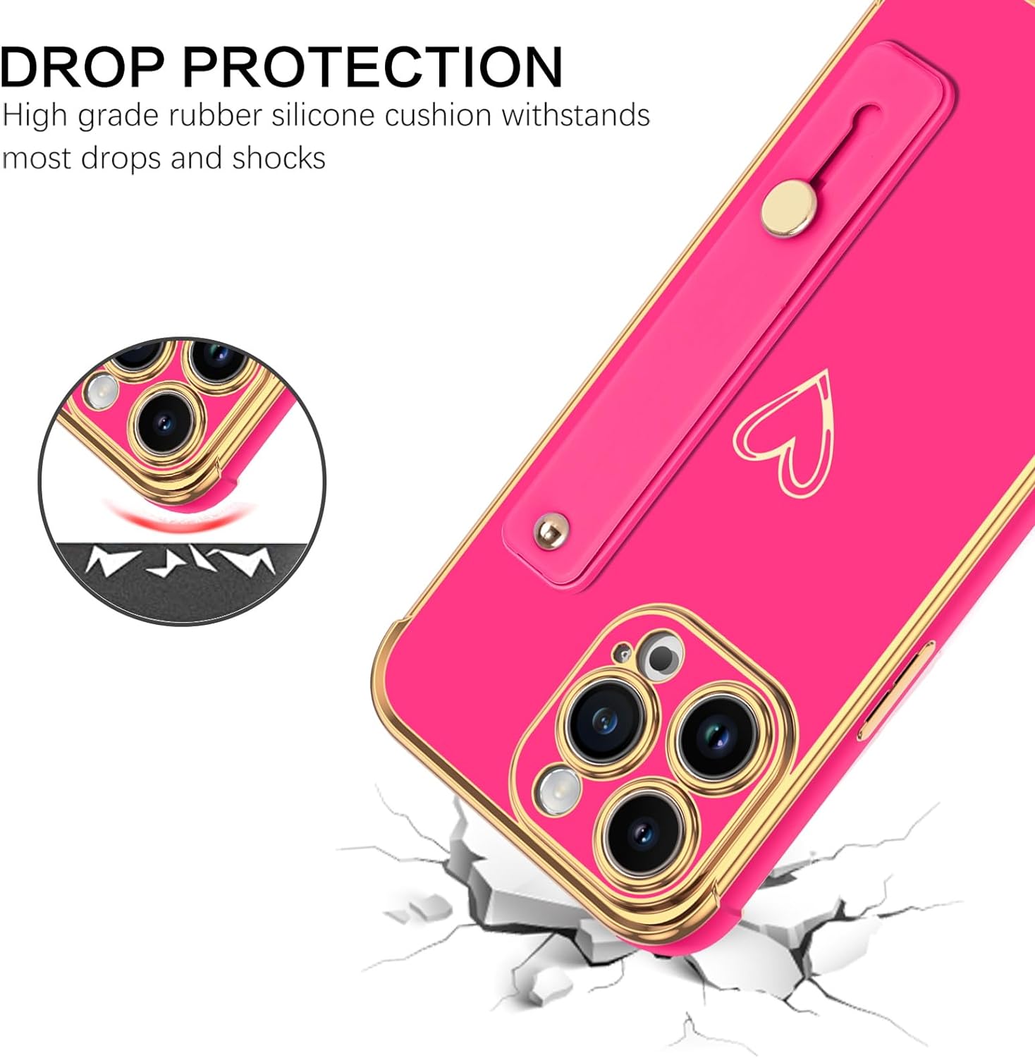 BENTOBEN for iPhone 15 Pro Max Case, Phone Case iPhone 15 Pro Max for Women Girls, Cute Heart Adjustable Strap Wristband Kickstand Holder Shockproof Soft TPU Bumper Luxury Plating Cover, Hot Pink