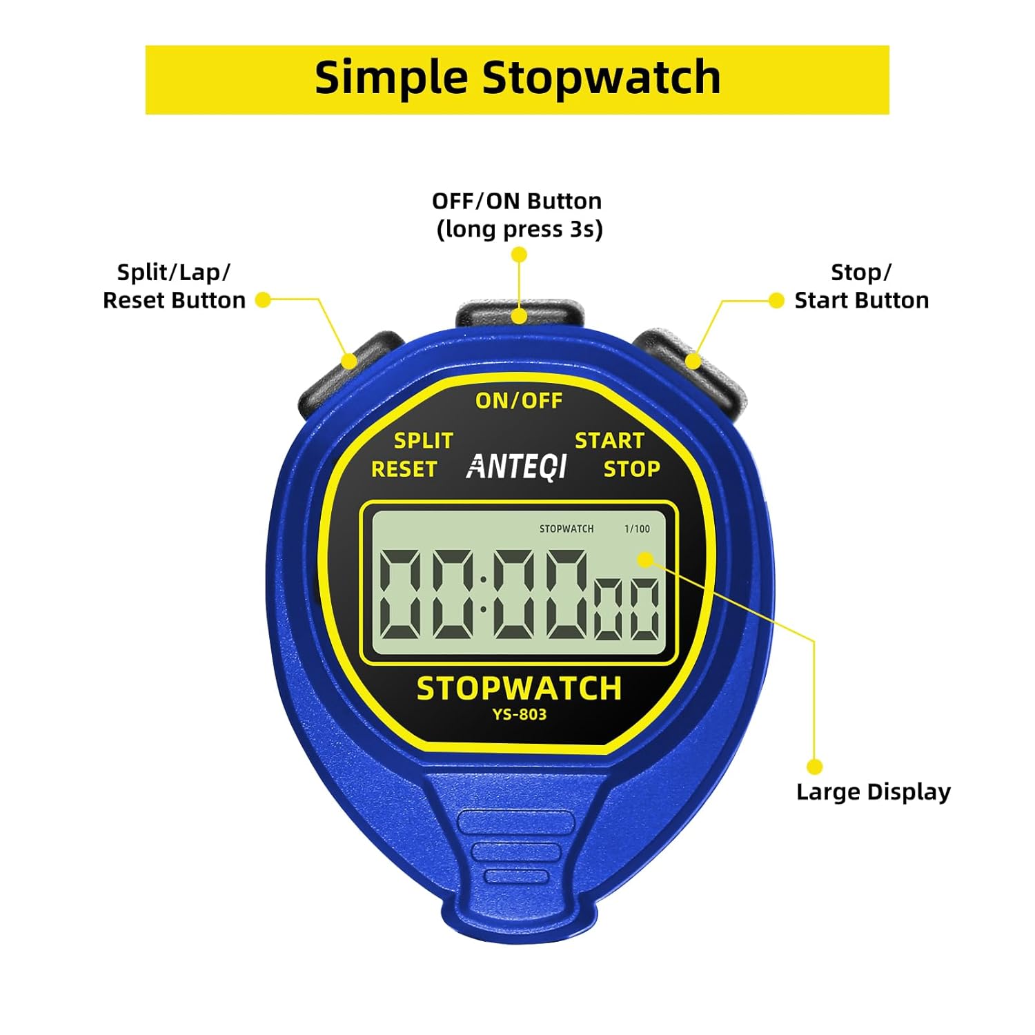 ANTEQI Waterproof Stopwatch Timer, Large Display Simple Stopwatch with ON/Off Function No Clock No Calendar No Alarm Basic Operation, Silent Stop Watch for Sports Coaches Swimming Running Training