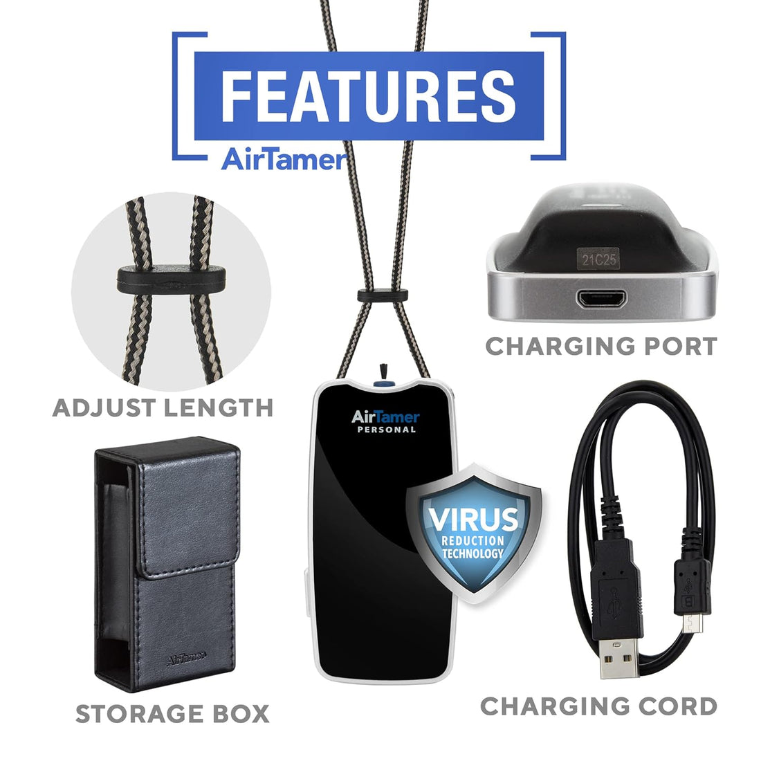 AirTamer Rechargeable Personal Air Purifier: Black, Leatherette Pouch, Plastic Packaging by AirTamer