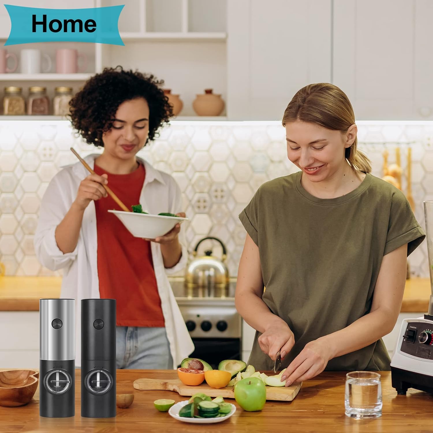Electric Pepper and Salt Grinder Set,Pepper Mill Grinder Battery Powered with LED Light,5 Levels Adjustable Coarseness,One Hand Automatic Operation Salt Mill for BBQ Resturant Kitchen,2 Pack