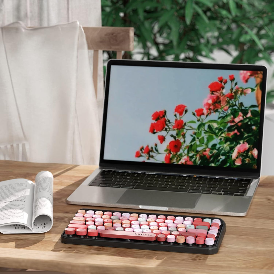 UBOTIE Portable Bluetooth Colorful Computer Keyboards, Wireless Mini Compact Retro Typewriter Flexible 84Keys Design Keyboard (Black-Colorful)