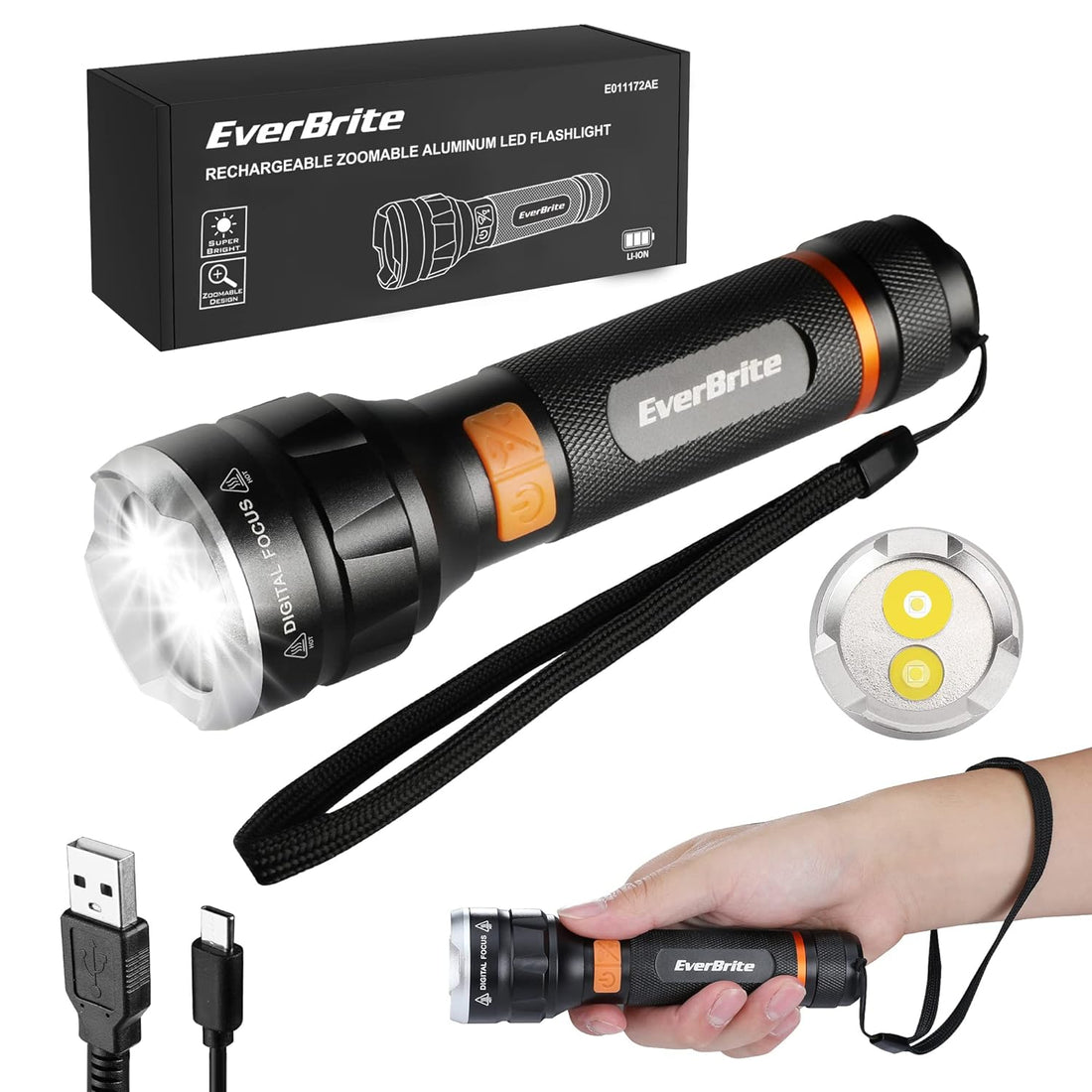 EverBrite LED Rechargeable Flashlight High Lumens, 1000 Lumens, Zoomable Aluminum Flashlight with Digital Focus, 4 Modes, Water Resistant, Adjustable Brightness for Camping, Running, Emergency