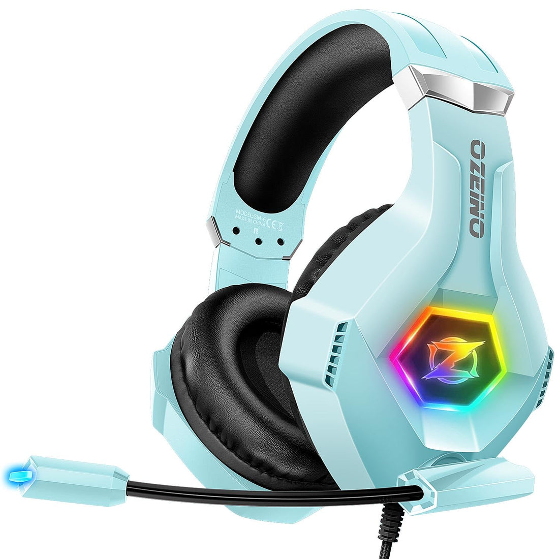 Ozeino [2024 New] Gaming Headset with Microphone, Compatible with Xbox One, PS5, PS4, PC Switch, Gaming Headphones, RGB Light, Stereo Surround Sound -Light Blue