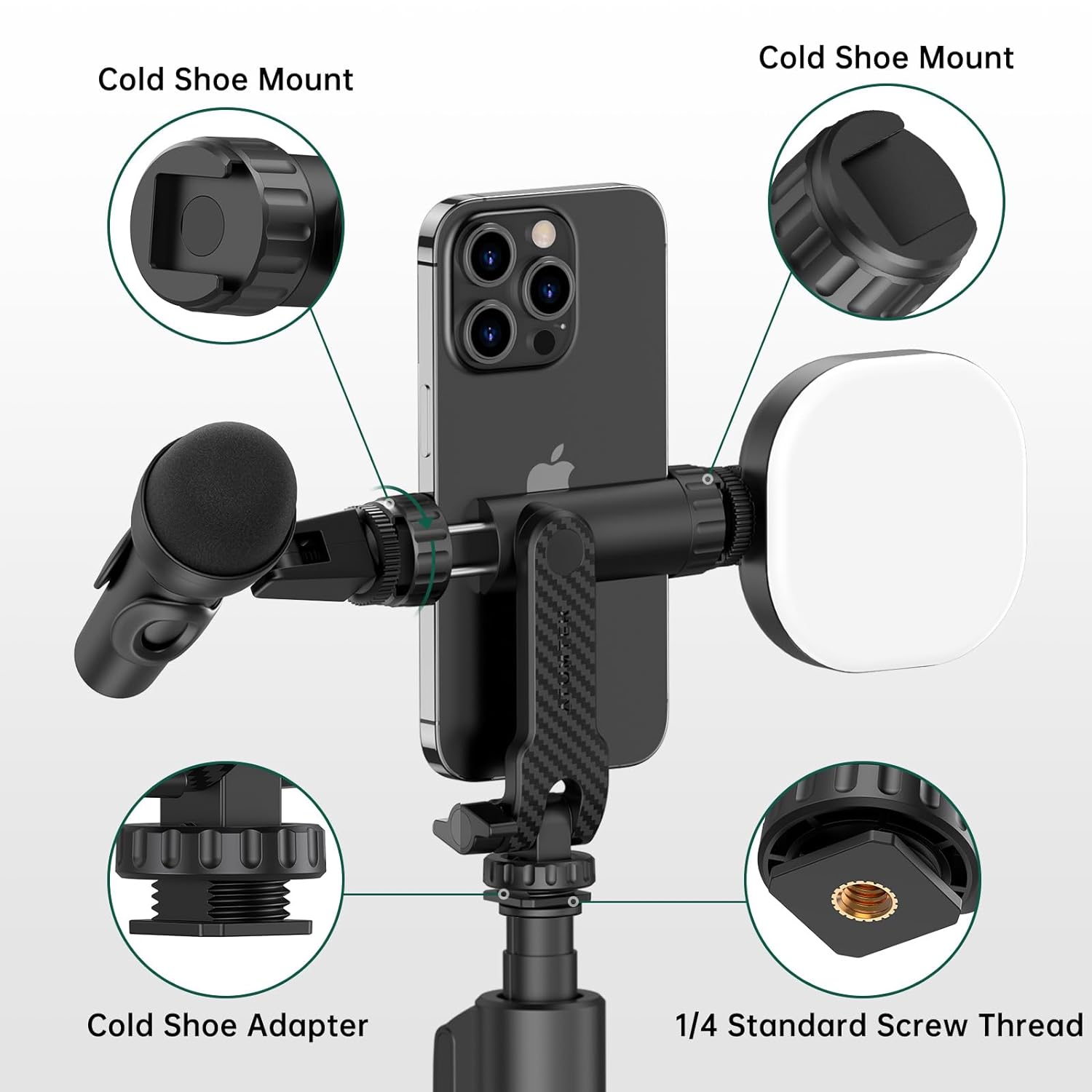 ATUMTEK Phone Tripod Mount, Universal Smartphone Mount Adapter with 2 Cold Shoe and 1/4" Standard Screw, 360° Rotates and 180° Tilts Adjustable Cell Phone Clamp Holder for Perfect Mobile Photography