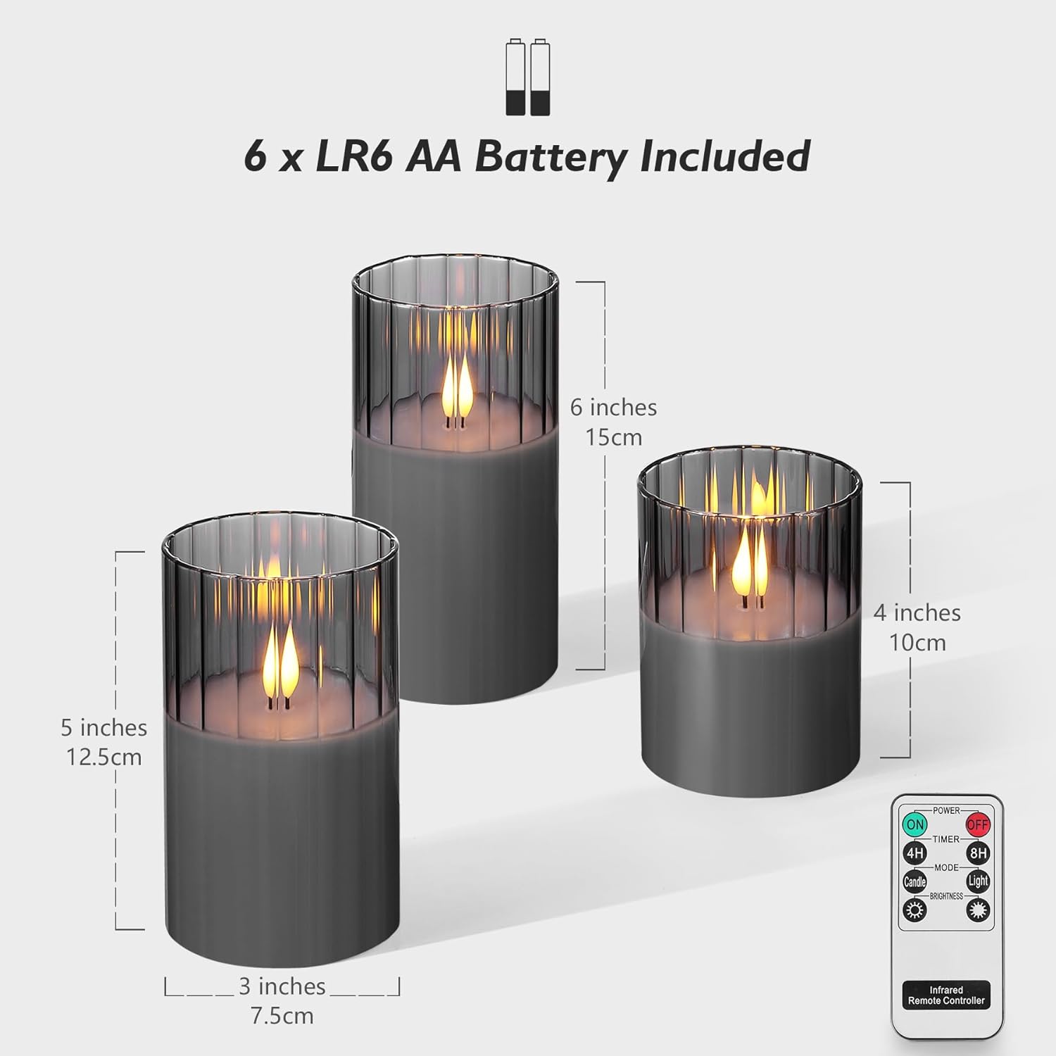 Rhytsing Smoked Ribbed Glass Battery Operated LED Candles with Remote, Flameless Candle with Gift Set for Home Decor, Warm White Lights- Include 6 Batteries - Set of 3