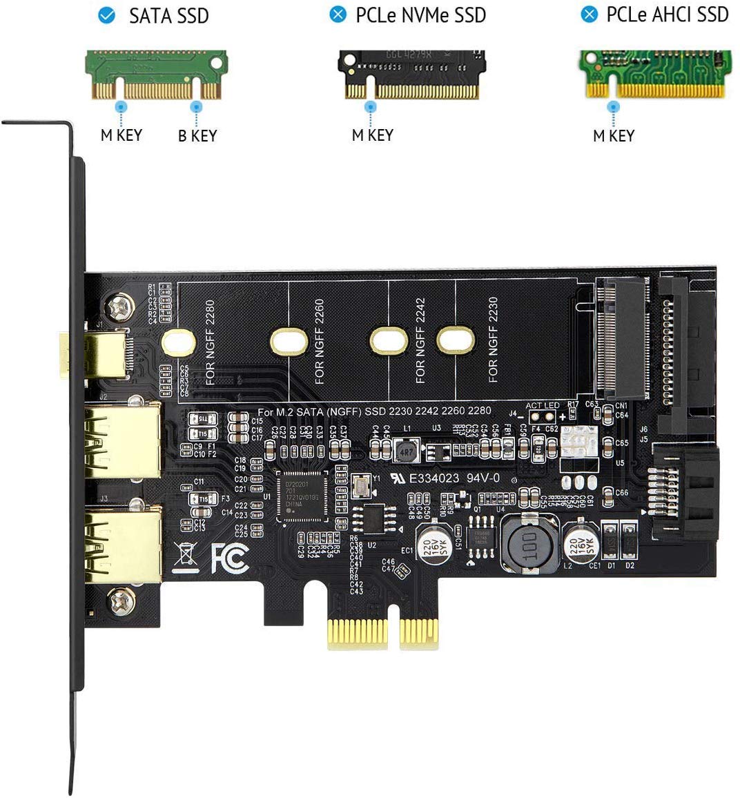 MZHOU PCI-E to USB 3.0 PCI Express Card incl.1 USB C and 2 USB A Ports,Adding M.2 NVME SATA III SSD Devices to a PC or Motherboard Using M.2 NVME to PCIe 3.0 Adapter Card with Low Profile Bracket