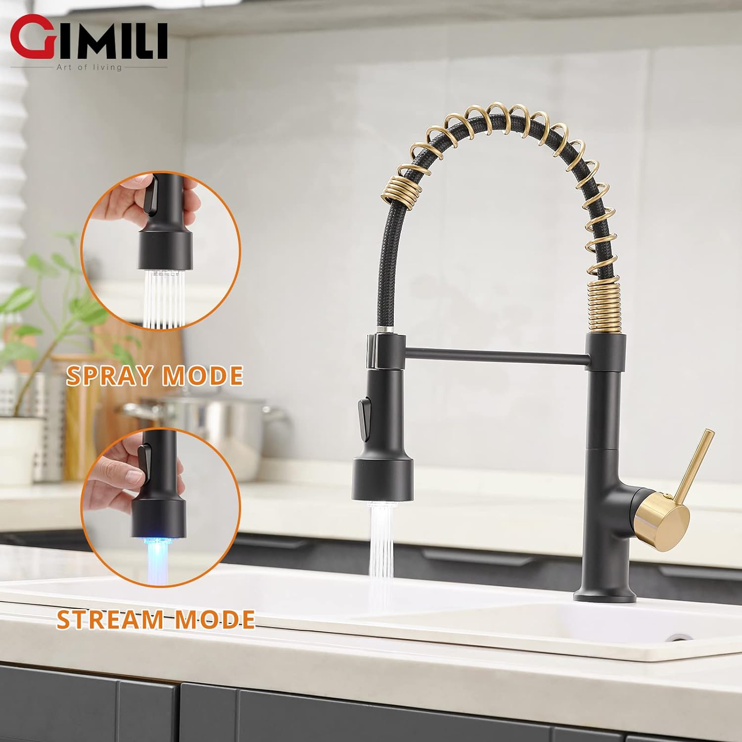 GIMILI Kitchen Faucet with Pull Down Sprayer High Arc Single Handle Spring Kitchen Sink Faucet Gold and Black Commercial Modern rv Stainless Steel Kitchen Faucets, Grifos De Cocina