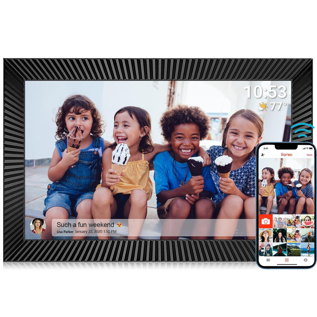 FRAMEO 10.1 inch WiFi Digital Picture Frame Smart Digital Photo Frame with IPS Touch Screen 1280x800 HD Electronic Picture Frame with 16GB Storage Share Photos and Videos Instantly via Frameo APP