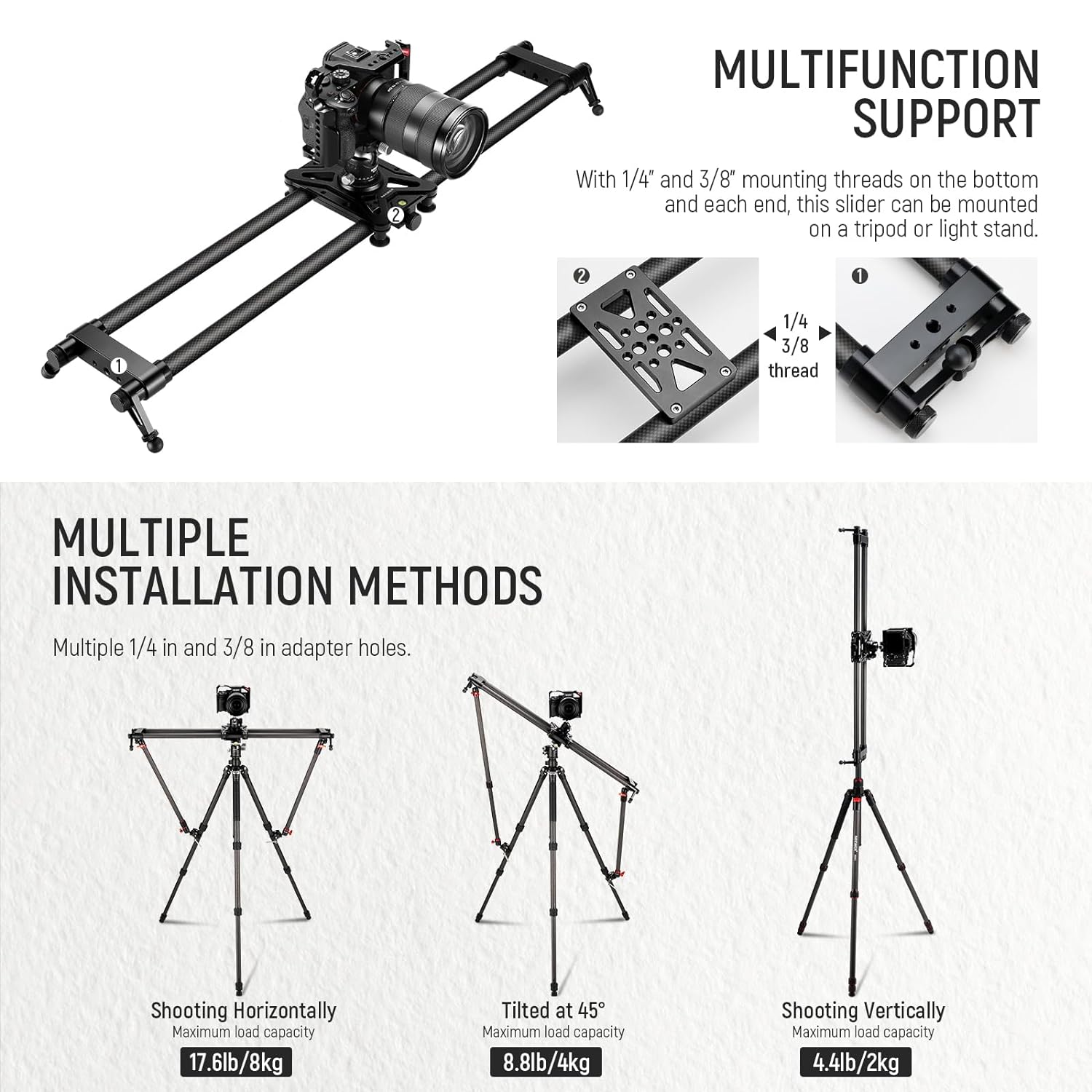 NEEWER 31.5in/80cm Carbon Fiber Camera Slider, Dolly Rail Track with Thicker Tube & More Stable Support, 4 Precise Smooth Bearings and Leveler for DSLR Camera Camcorder, Max Load 17.6lb/8kg, CS80CM