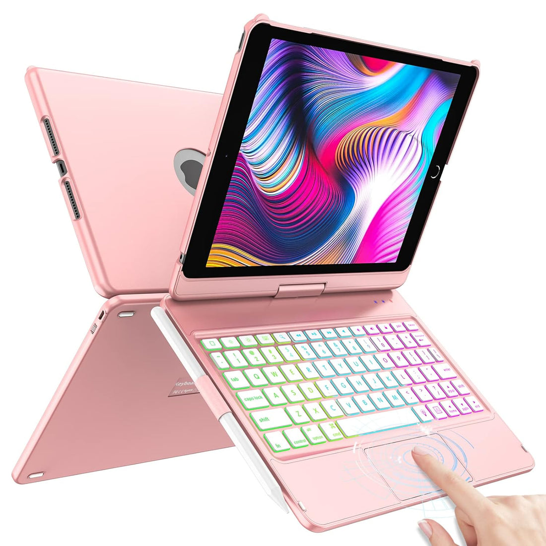 HOTLIFE Ipad Case Keyboard 10.2-Ipad Keyboard 9Th Generation&8Th&7Th Gen-Touch Keyboard-360° Rotatable Protective Cover With Apple Pencil Holder-Backlight Wireless Keyboard-Ipad 9 Keyboard,Pink