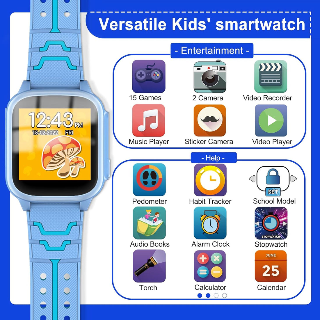 AstraMinds Smart Watch for Kids Boys Girls - Kids Smart Watches with 15 Games,Habit Tracker,2 Camera,10 Stories, Watch for Kids Boys Girls Ages 3-12(Blue)