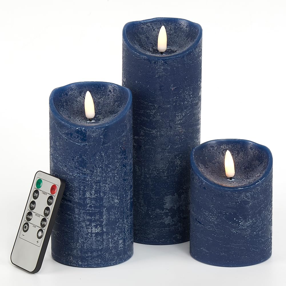 glowiu Flameless Candles with Remote LED Candles Set of 3, Battery Operated Candles for Party Home Wedding Holiday Birthday Decor (H 4" 6" 8" x D3) (Navy Blue)
