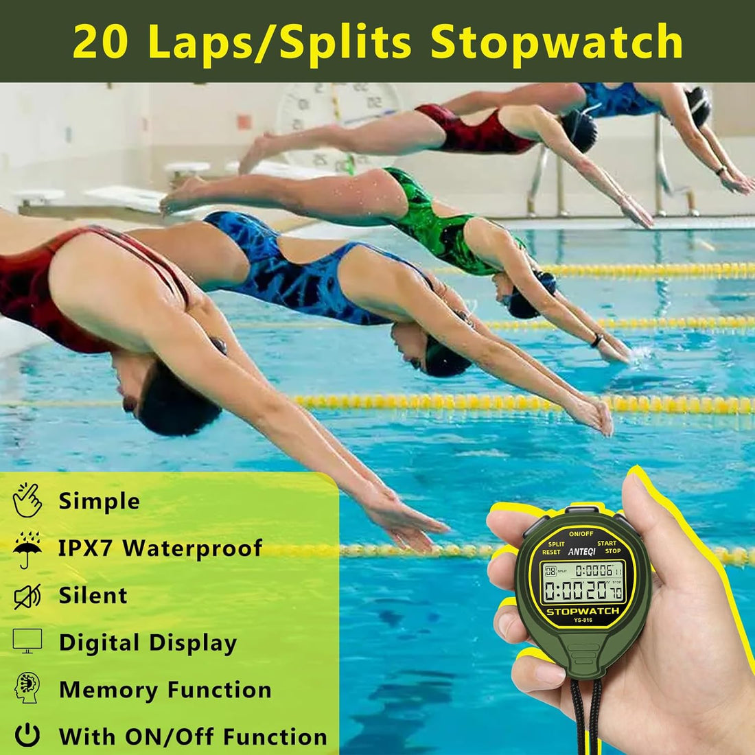 ANTEQI Stopwatch Waterproof with ON/Off Function, Digital Simple Stopwatch Timer with 20-Laps Split Memory, No Clock No Calendar No Alarm, Silent Stop Watch for Sports Coaches Swimming Running