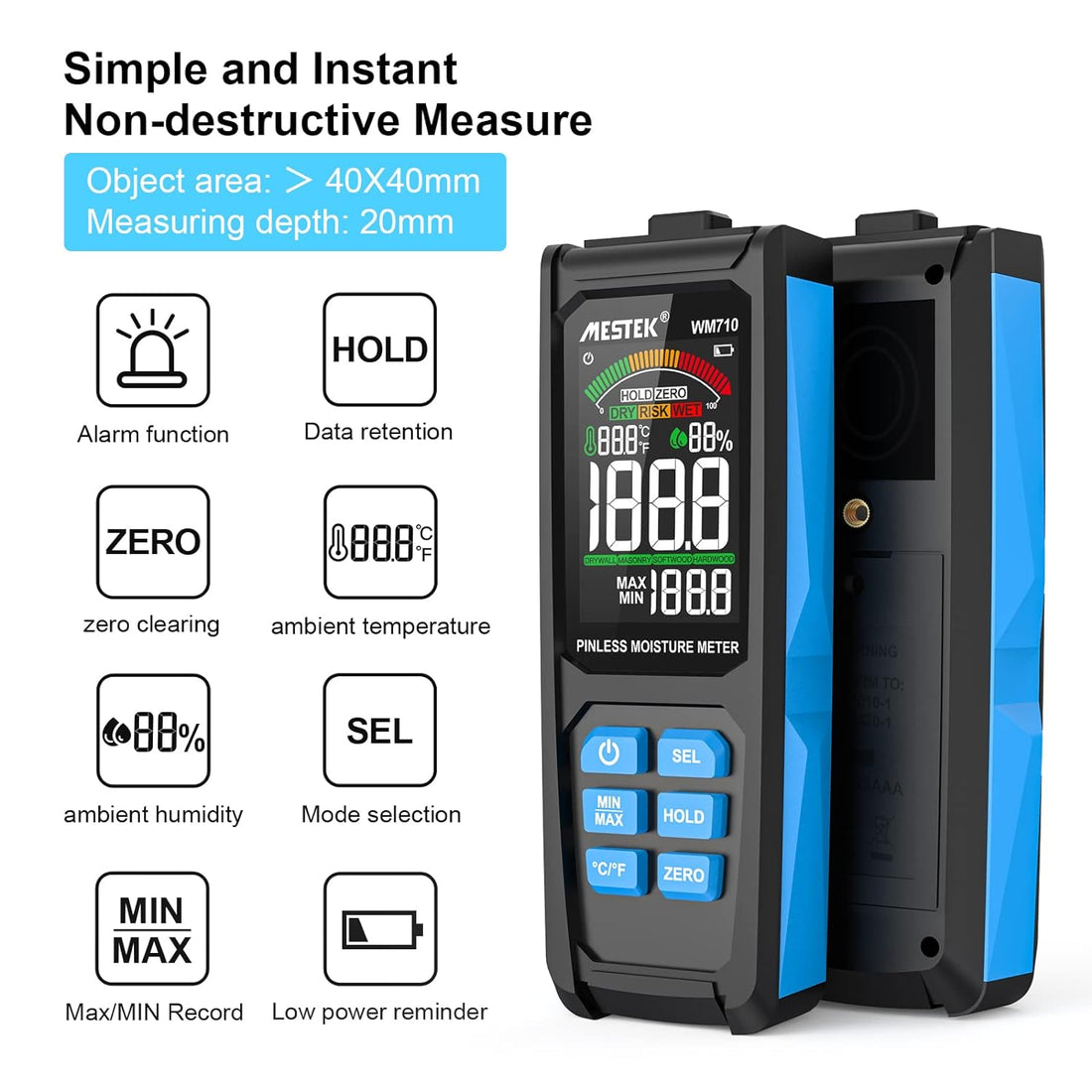 MESTEK Pinless Wood Moisture Meter Drywall Moisture Detector for Lumber Concrete Building with Backlit Color LCD Display -Wall Moisture Sensor Digital Humidity Tester for Firewood