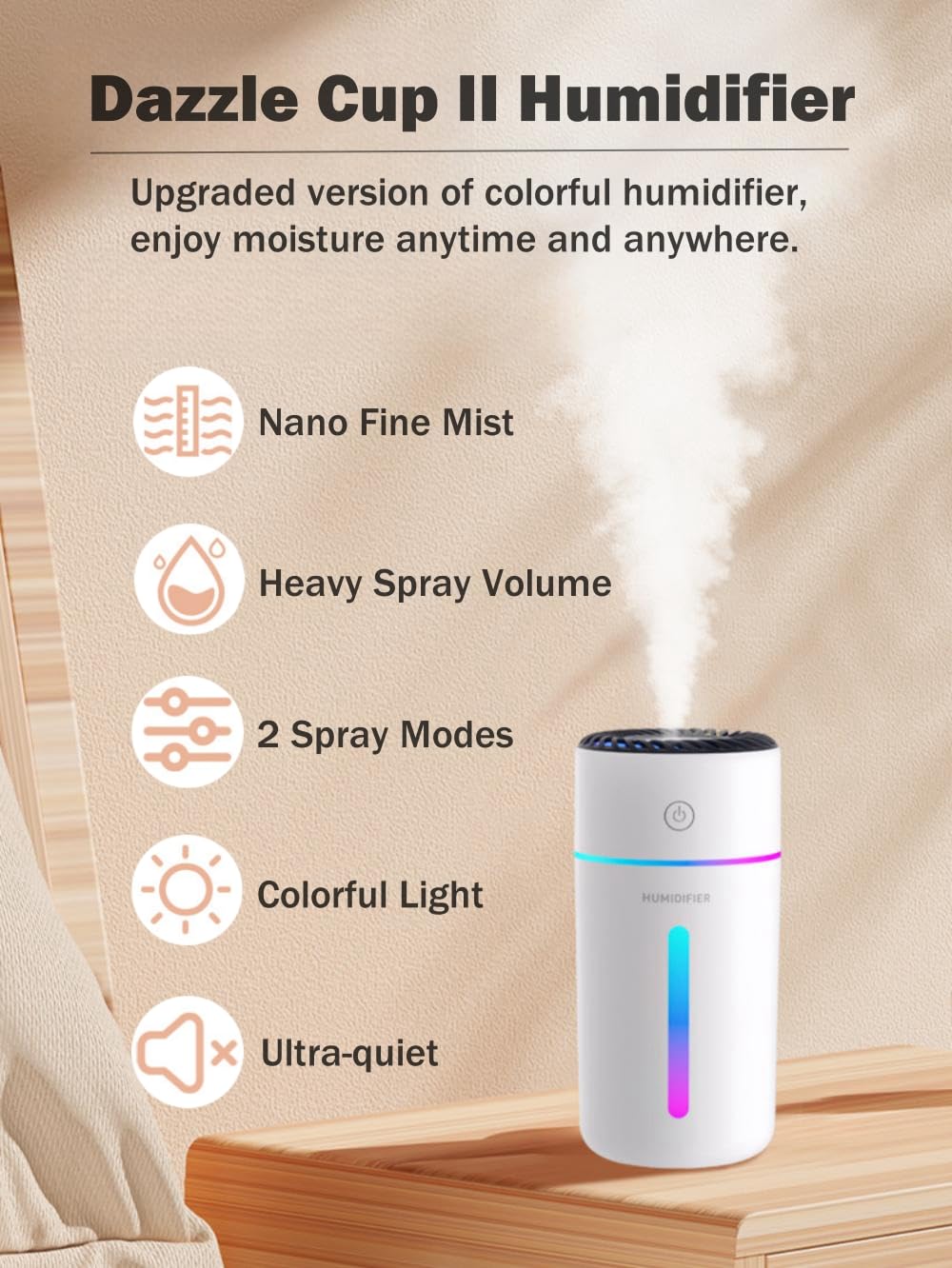 Mini Humidifier, 350ML Small Personal USB Cool Mist Humidifiers with Colorful Light, 2 Spray Modes, Auto Shut-Off, Ultra-Quiet Portable Air Humidifier for Car Home Bedroom Office Desktop (Black)