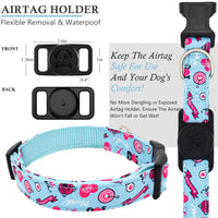 Valentine's Day Dog Collar, HSIGIO Airtag Dog Collar Nylon Floral Dog Collar with Waterproof & Removable Airtag Holder, Ultra-Soft GPS Tracker Dog Collar for Small Medium Large Female Dogs(M,Blue)