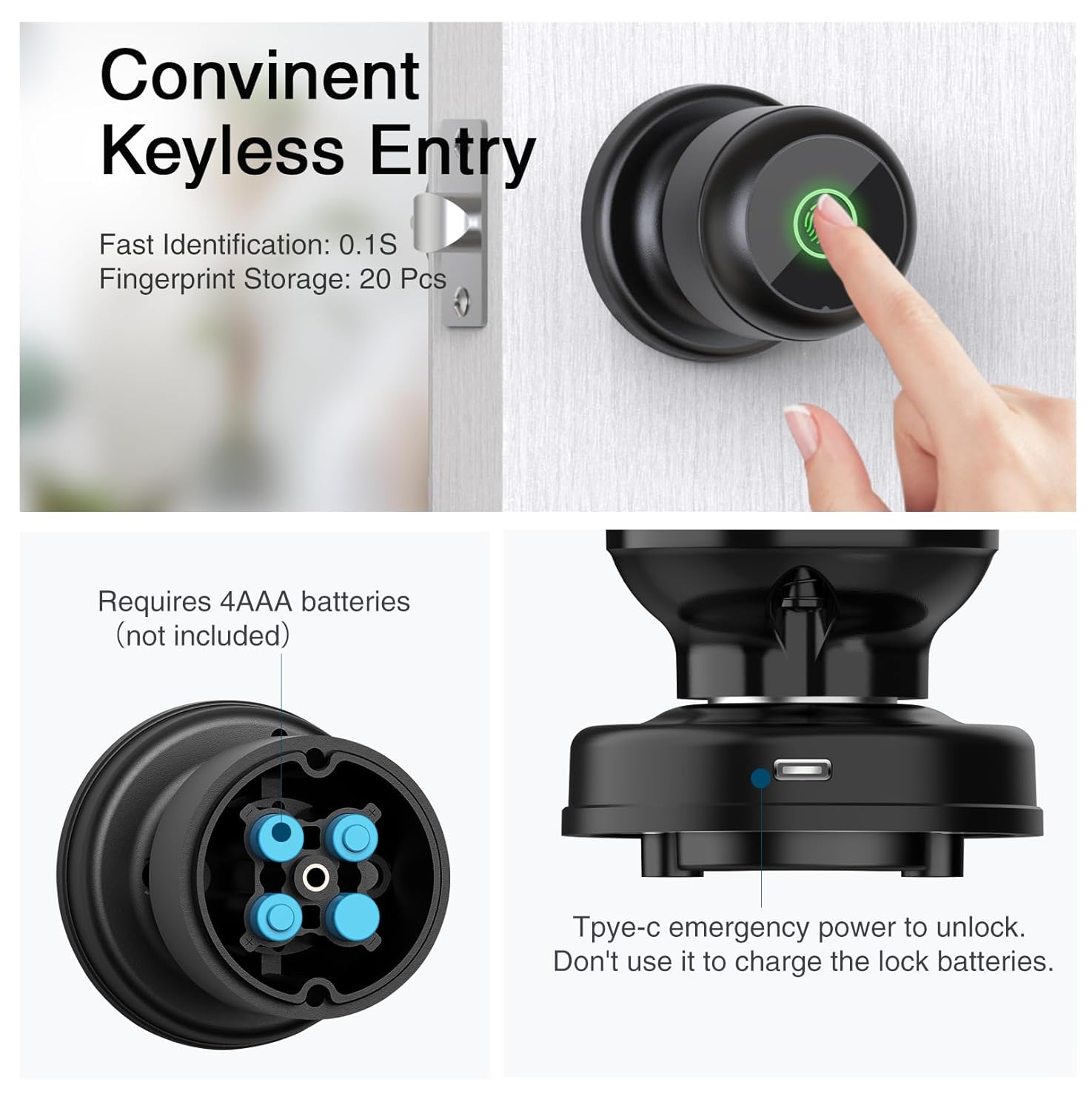 GHome Smart Door Knob Fingerprint Door Lock with App Control - Biometric Smart Lock for Home, Offices, Hotels, and Apartments