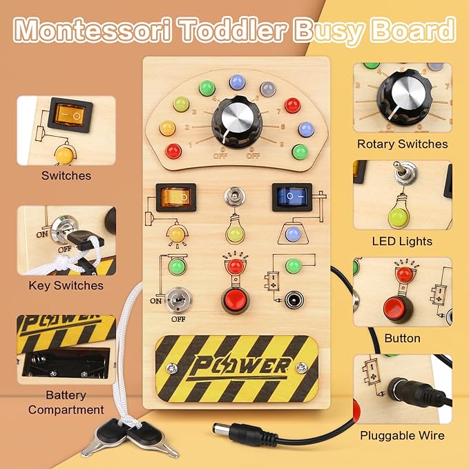 Montessori Busy Board Toy for Toddlers,Baby Wooden Sensory Board for Fine Activity Motor Skills,Travel Activity Educational Learning Toys for Toddler
