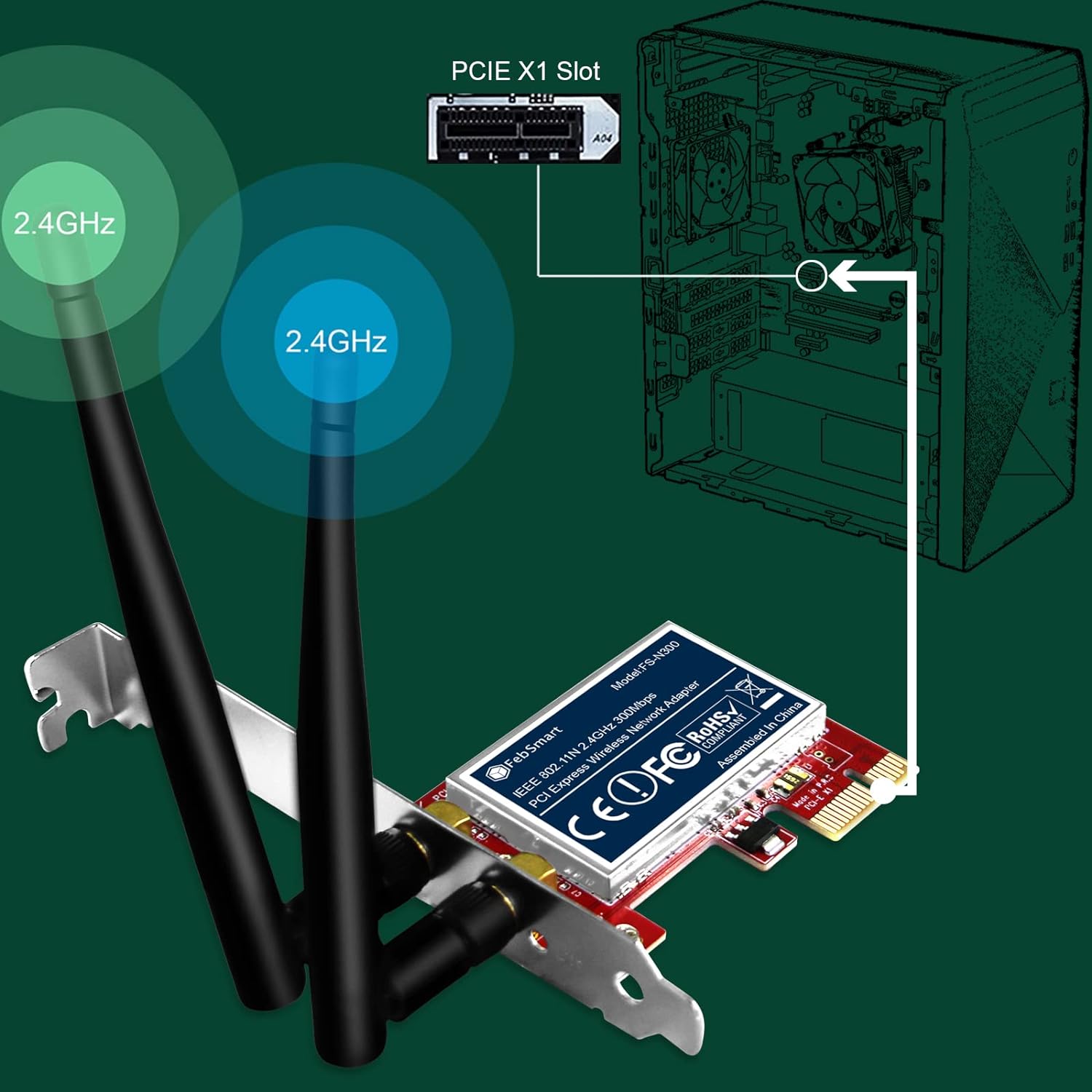 FebSmart Wireless N 2.4GHz 300Mbps PCIe Wireless Network Adapter for Windows 10 8.1 8 7 XP Server(32/64bit) and Linux PCs ,PCIe WiFi Card,PCIe WiFi Adapter(FS-N300)