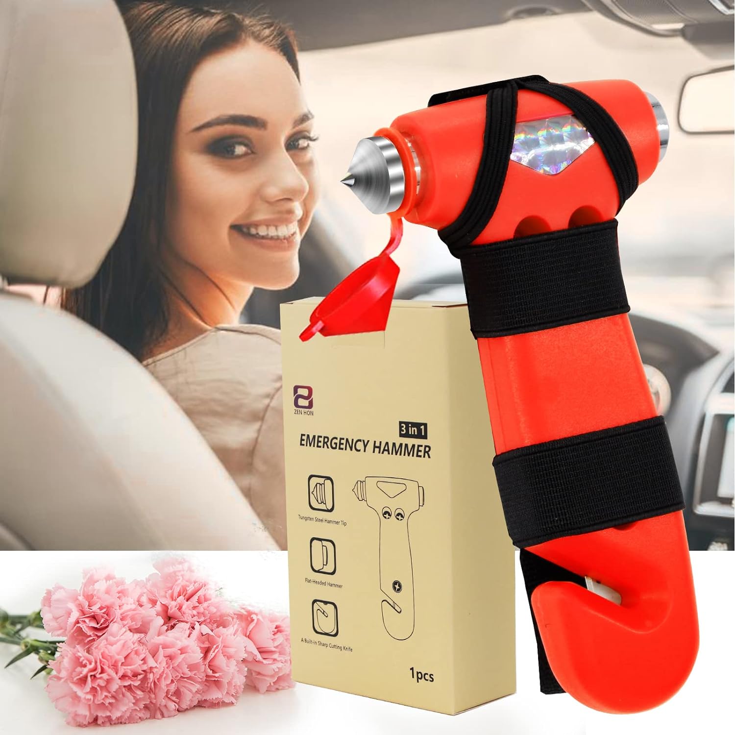 ZEN HON Car Safety Hammer for Lady, Red 3-in-1 Emergency Escape Tool with Window Breaker and Seat Belt Cutter, Safety Emergency Car Escape Tool Gift for Family