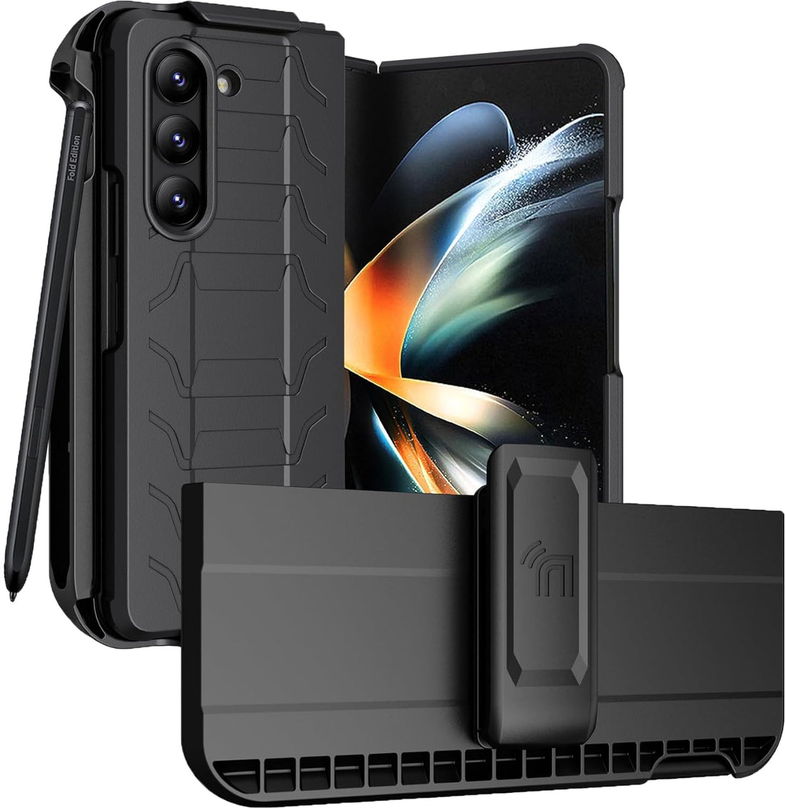 Case with Clip and S Pen Slot for Galaxy Z Fold 5 5G, Nakedcellphone Tactical Cover and Custom Belt Hip Holster Holder View Stand Combo for Samsung Z Fold5 Phone (SM-F946U, 2023) - Matte Black
