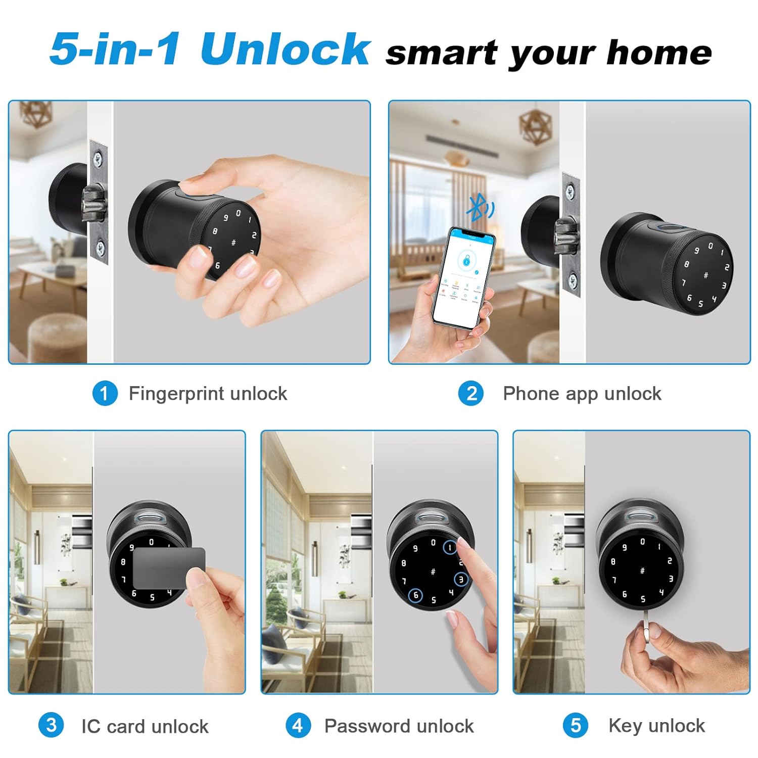 Smart Fingerprint Door Lock, 5-in-1 Keyless Entry Door Lock with Touchscreen Keypad, Smart Electronic Keypad Door Knob for Airbnb Home Hotel Office Apartment