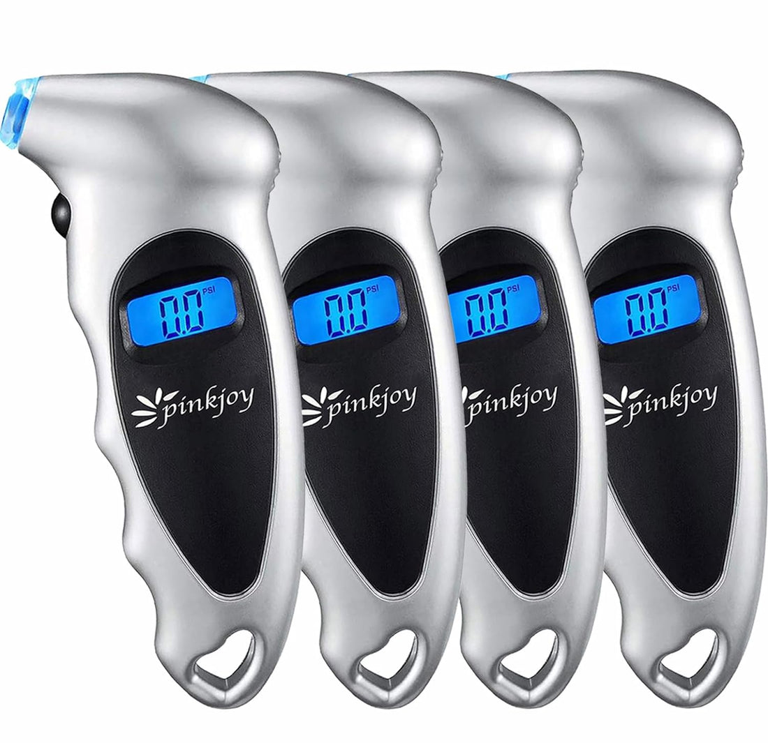 PINKJOY Digital Tire Pressure Gauge 4 Pack 150 PSI, 4 Settings, Tire Gauge for Car, Truck, Motorcycle, Bicycle with Backlit LCD and Non-Slip Grip (Silver)