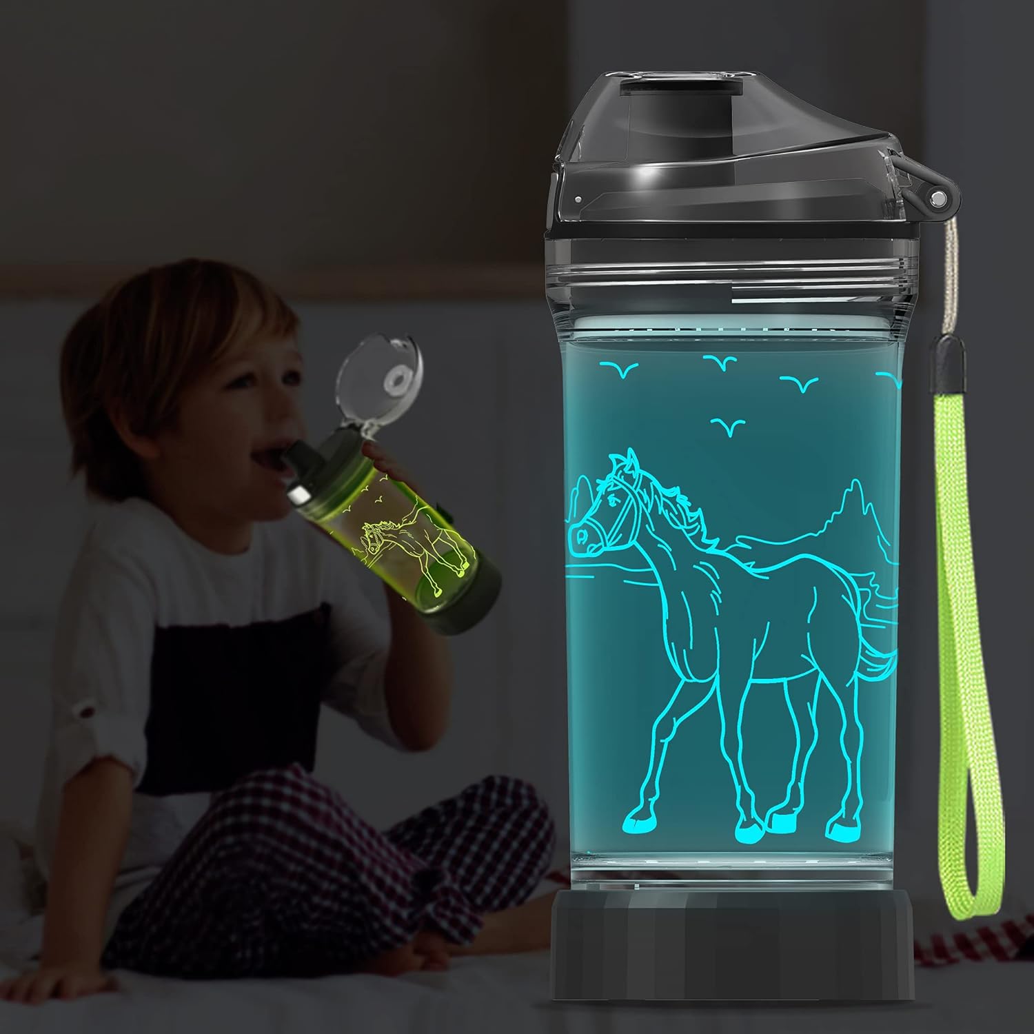 YuanDian Light Up Kids Water Bottle with 3D Horse Design- 14 OZ Tritan BPA Free Eco-Friendly - Cool Drinking Cups Gift for School Kids Boy Girl Child Christmas Holiday