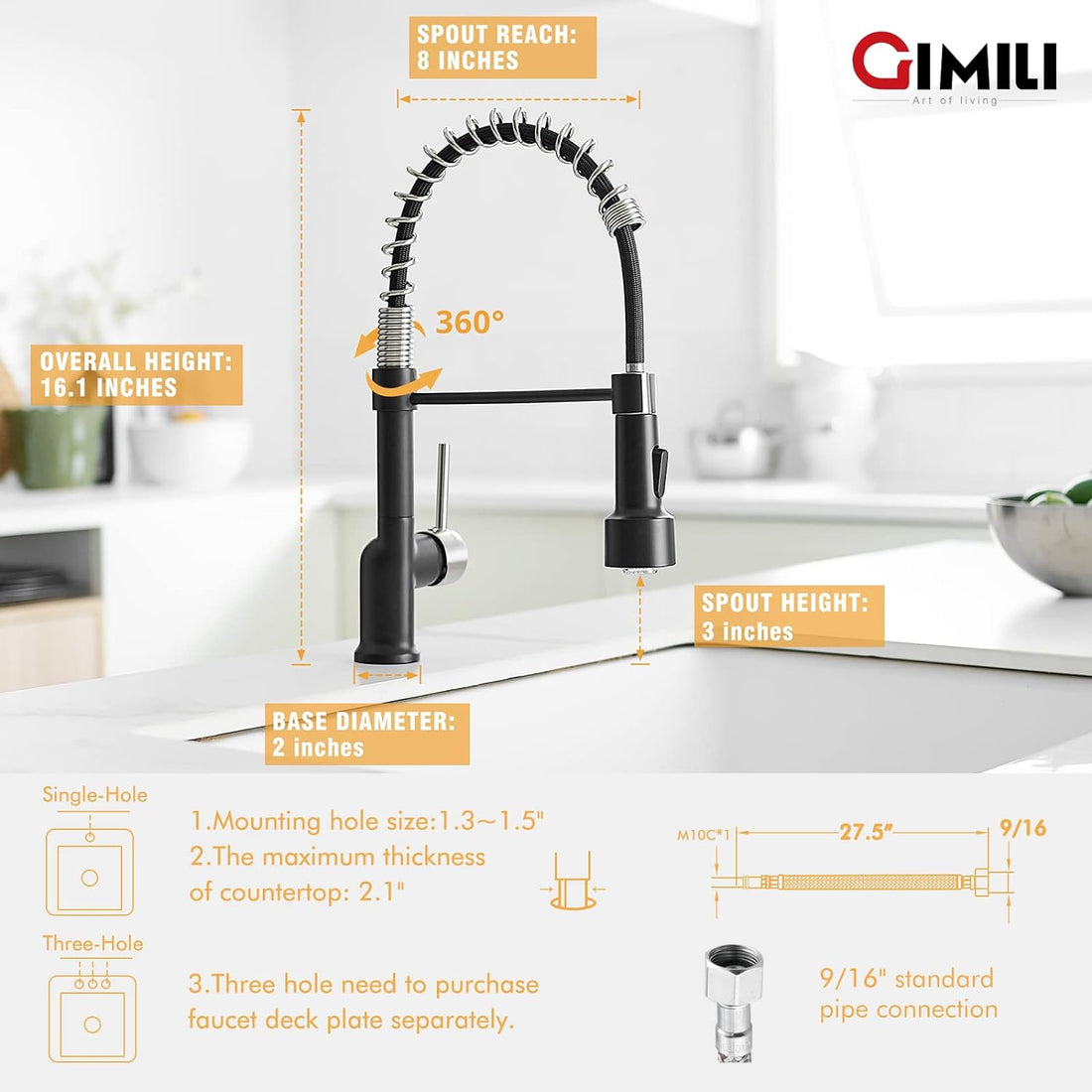 GIMILI Brushed Nickel and Black Kitchen Faucet with Pull Down Sprayer Single Handle LED Kitchen Sink Faucet