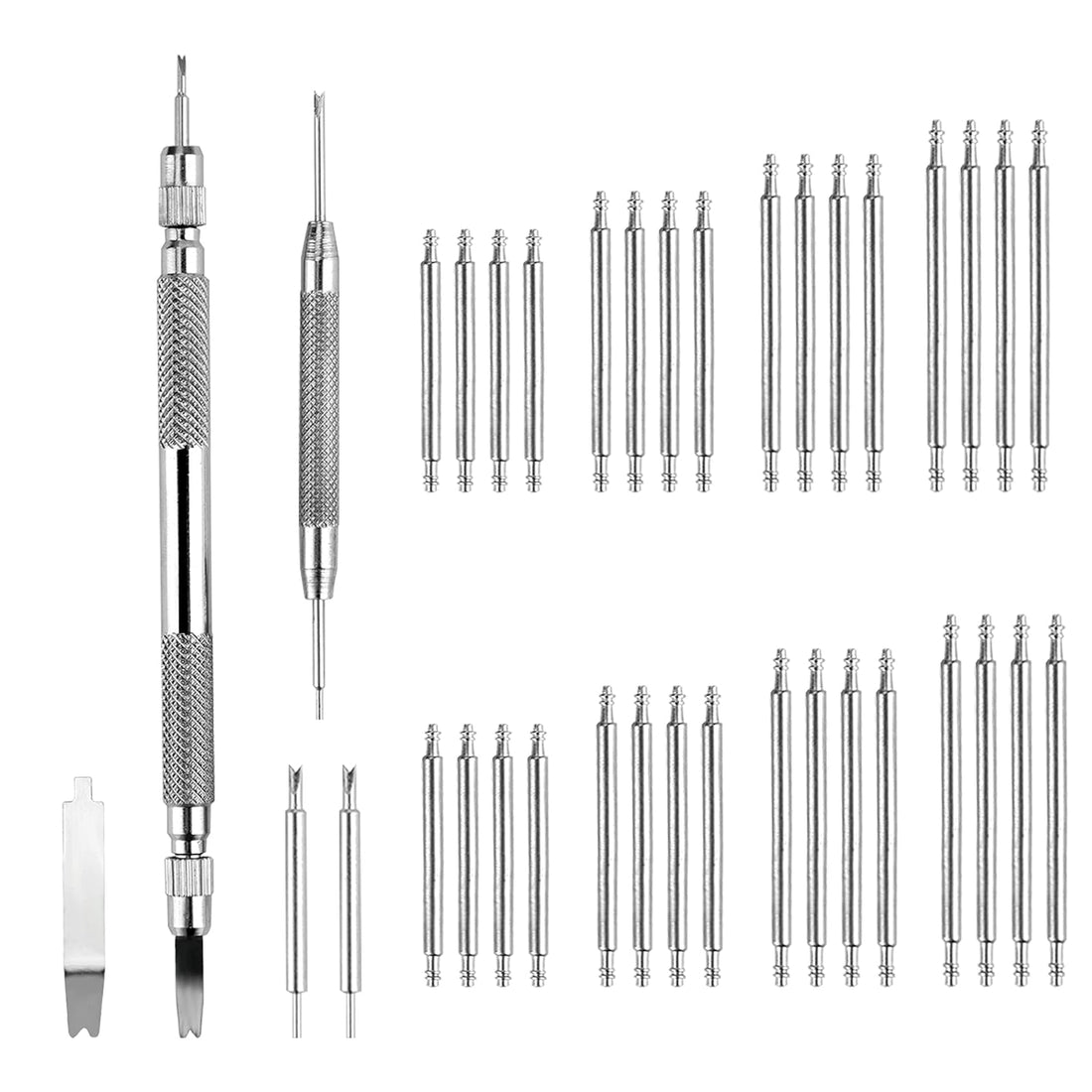 Spring Bar Tool Kit comes with 3 pins for wrist band/link removal and replacement and 40 additional stainless steel pins
