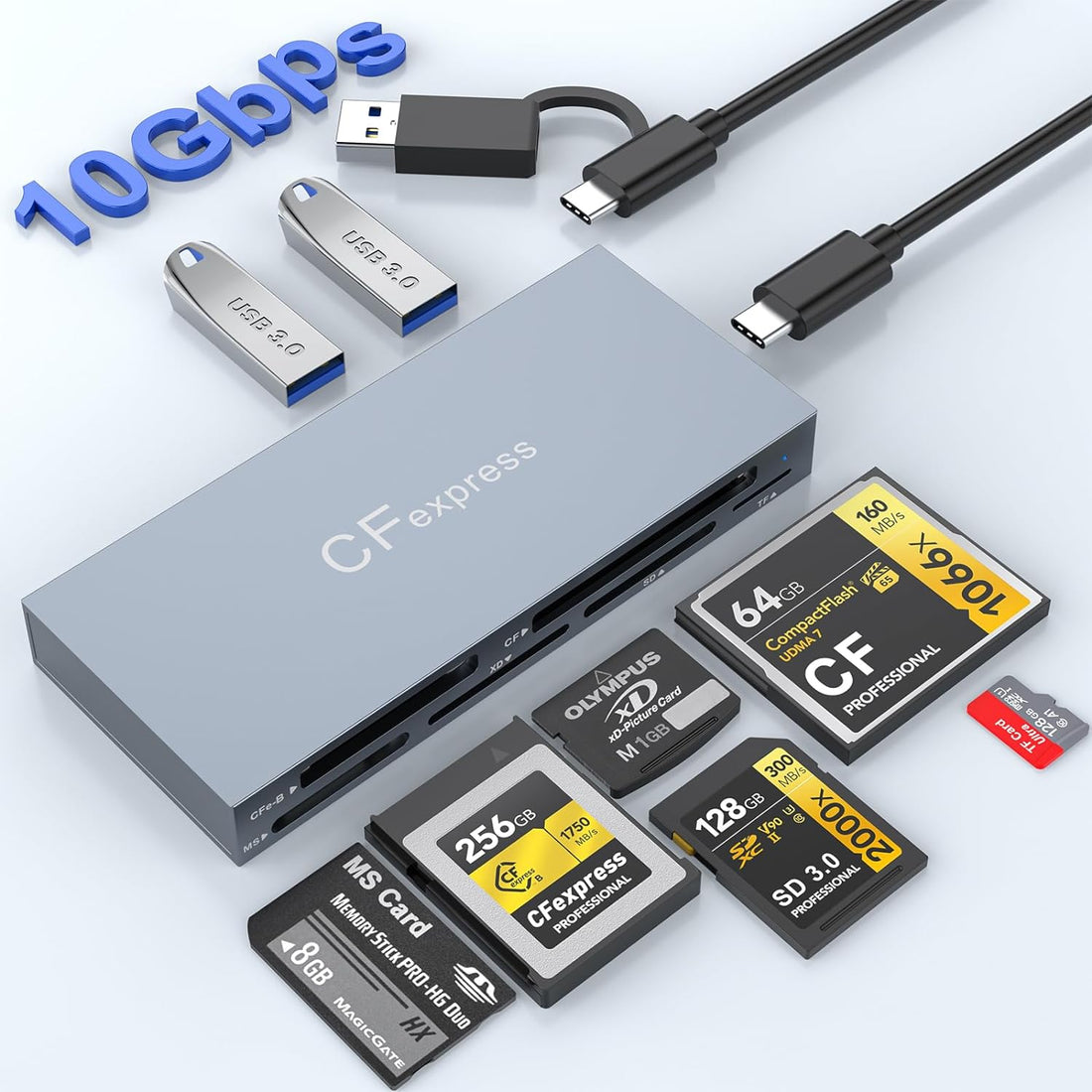 8 in 1 CFexpress Type B Card Reader, Multi CF Express Reader for CFexpress Type B/SD/TF/CF/XD/MS, 10Gbps CFexpress Adapter Memory Card Reader with USB Gen 3.2*2 for Windows/Mac/Chrome OS/Linux/Android