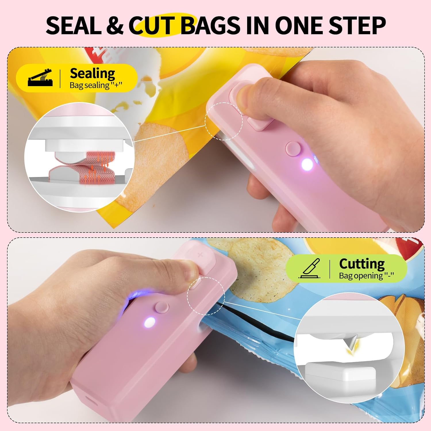 Bag Sealer Mini, 3 in 1 Mini Bag Sealer Heat Seal with Cutter & Magnet, Rechargeable Mini Chip Bag Vacuum Sealer Machine for Reseal Plastic Bags & Keep Snacks Fresh, Portable Kitchen Gadget (PINK)