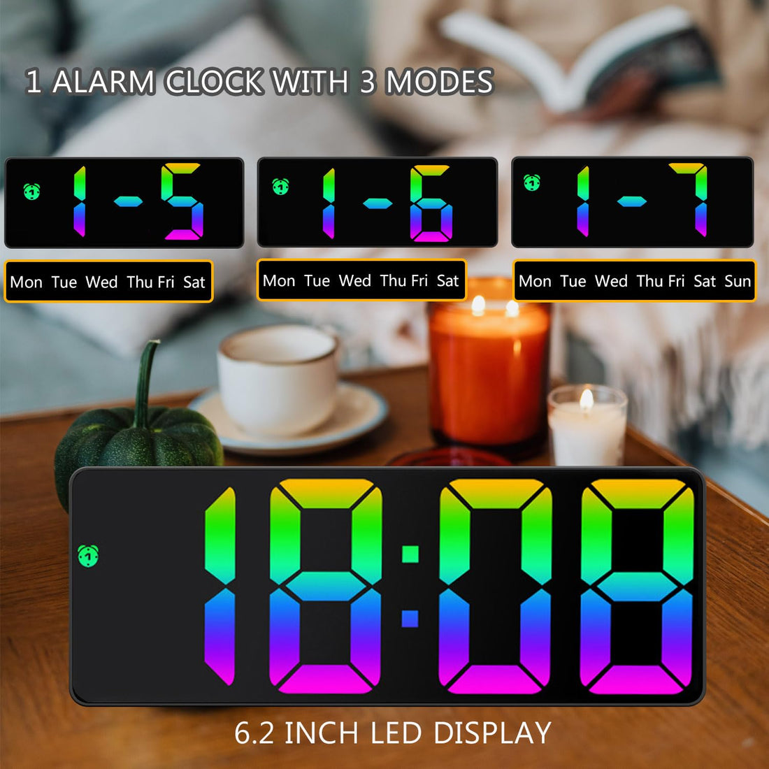 Yaboodn Alarm Clock for Bedrooms, 6.5 inch HD Display with Colorful Digits, 3 Levels Brightness Adjustable Desk (Multicolor)