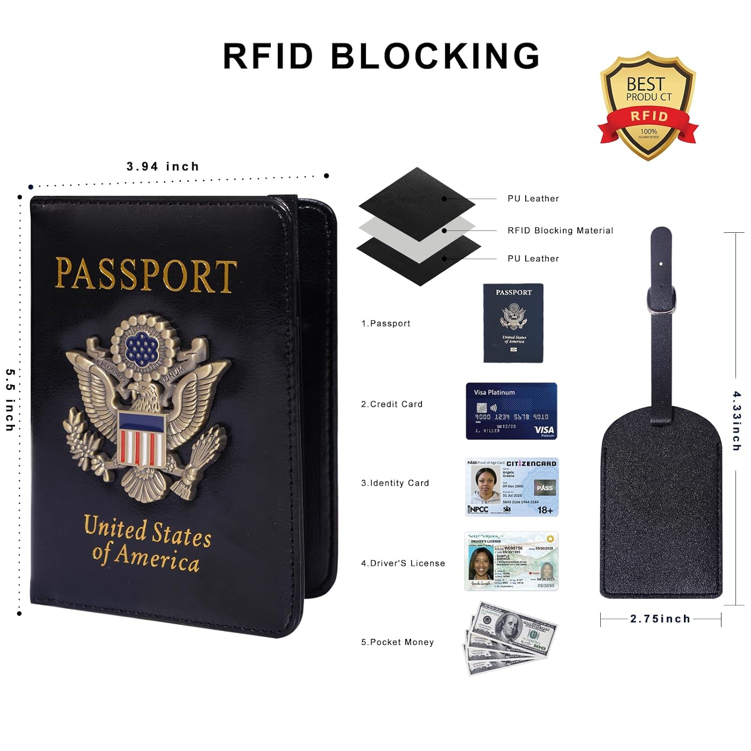 Passport Holder Cover Case with Airtag, Travel Passport Book Wallet and Vaccine Card Holder Combo, US ID Badge Porta Pasaporte with RFID Blocking, Leather Document Organizer for Men Women Kids, Black, Polished Leather Surfaces