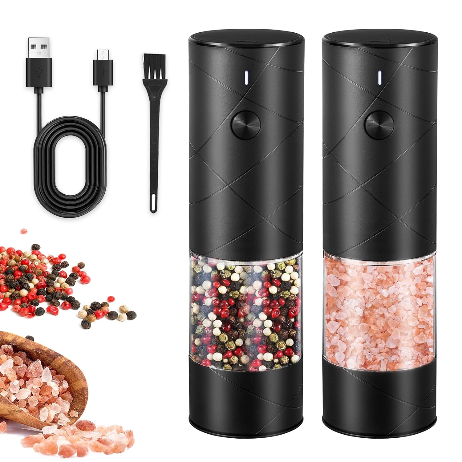 2 Pack Electric Salt and Pepper Grinder Set, Hamacro USB Rechargeable Pepper Grinder Mill with LED Light, Adjustable Coarseness Large Capacity Automatic Pepper Mills Salt Grinders for Kitchen