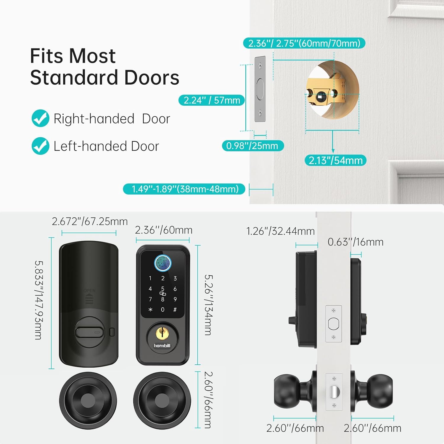 Smart Lock for Front Door Lock Set - Keyless Entry Deadbolt with Handle Knob - Electronic Door Lock with Keypad - Hornbill Smart Door Lock Handle Set - Smart Deadbolt Code App Unlock