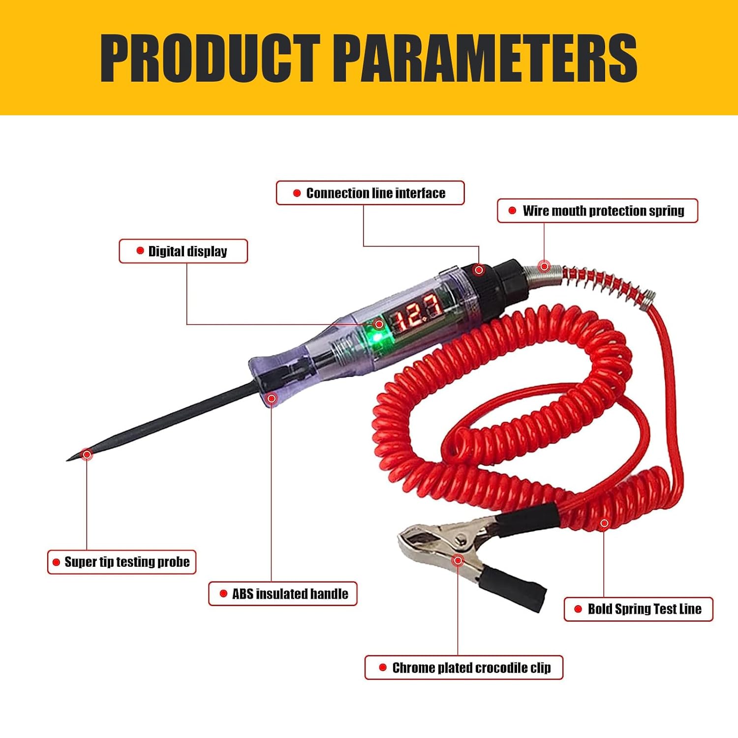 QODOLSI 1 PC Car Multi-Function LED Circuit Tester Pen, Digital Electrical Pen Circuit DC 6V/12V/24V Electrical Circuit, Spring Line Retractable Display Electrical Pen, Universal Accessories (Red)