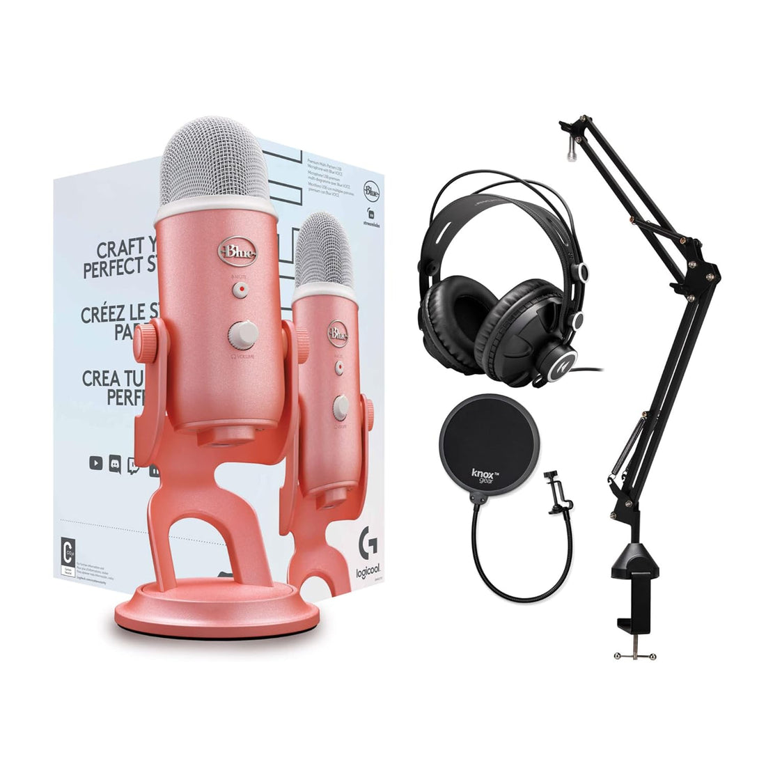 Blue Microphones Yeti USB Microphone Aurora Collection (Pink Dawn) Bundle with Boom Arm Microphone Stand, Monitor Headphones and Pop Filter (4 Items)