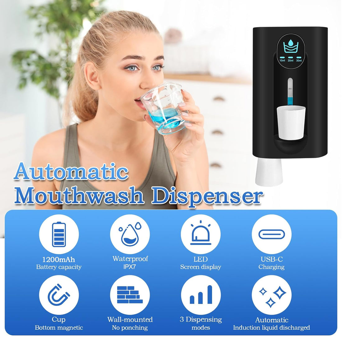 Automatic Mouthwash Dispenser Touchless 18.3Oz, Mouthwash Dispenser Wall Mounted with 3-Level Adjustment, Mouthwash Dispenser for Bathroom with 2 Magnetic Cups, Black