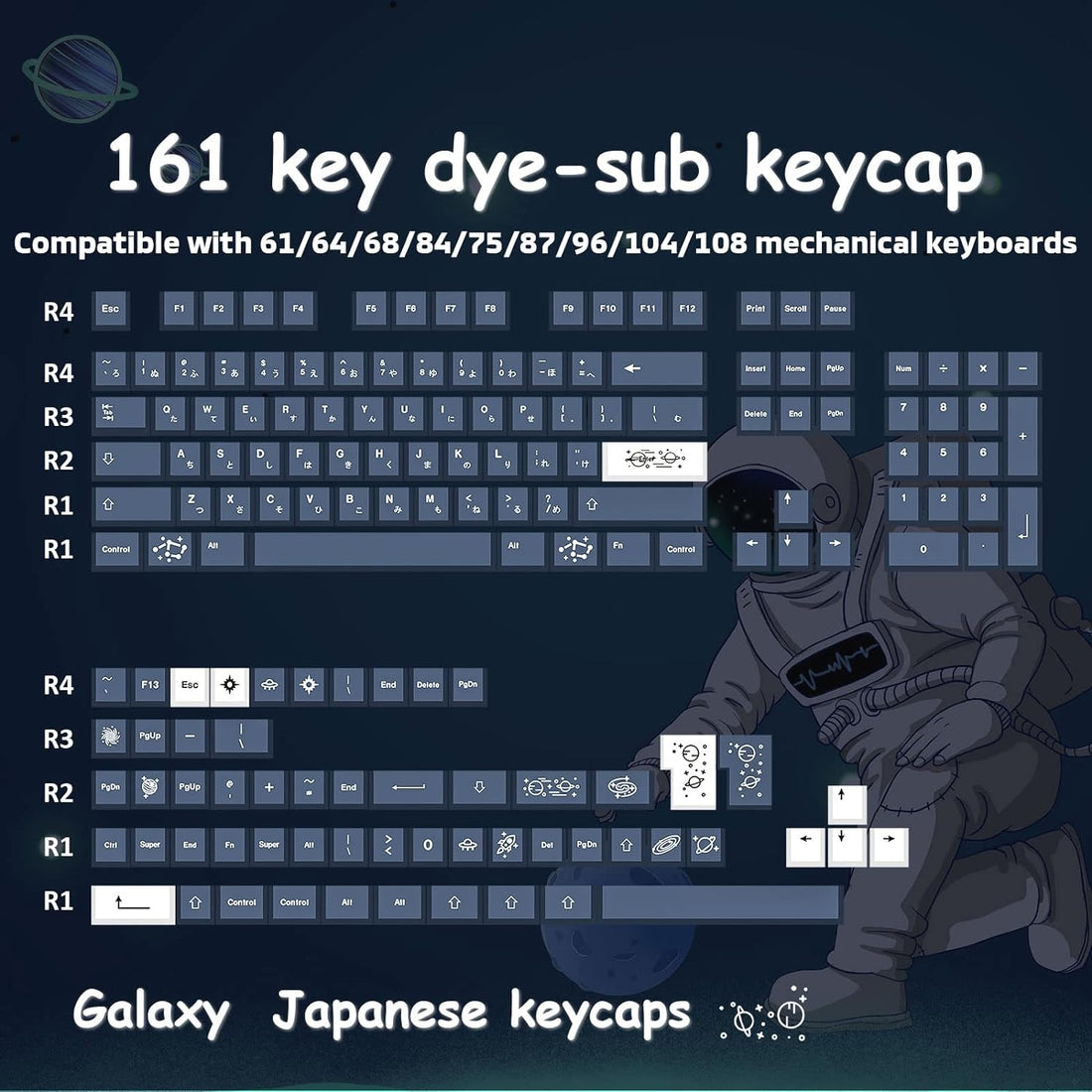 Hyekit Custom Keycaps - Dye-Sublimation PBT Keycaps, Japanese Keycaps, Cherry Profile, 161 Key Set, for Cherry Gateron MX Kailh Switches Mechanical Keyboard, US and UK Layouts (Galaxy)
