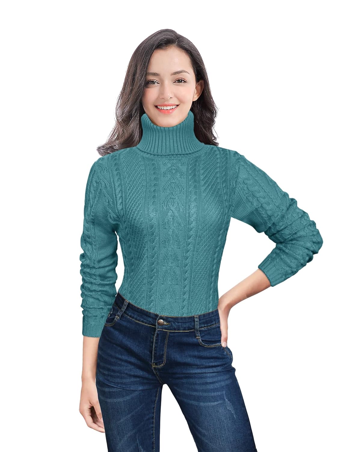 v28 Women Polo Neck Long Slim Fitted Dress Bodycon Turtleneck Cable Knit Sweater, Y Jadeblue, Small