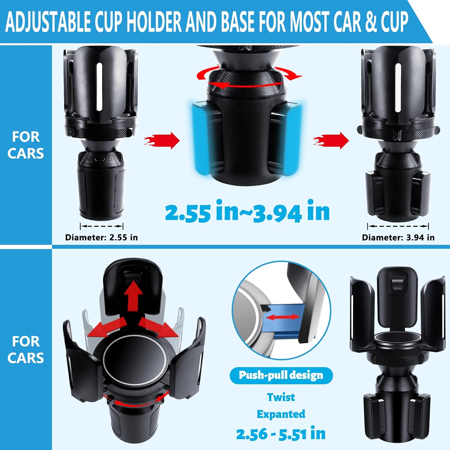 Cup Holder Expander for Car with Adjustable Holder & Base, Matching with Yeti 14/24/36/46oz Ramblers, Hydro Flask, Nalgene, Hold 2.5"-5.1" Large Bottles Mugs Food Drink, Universal Fit Car Cup Holder