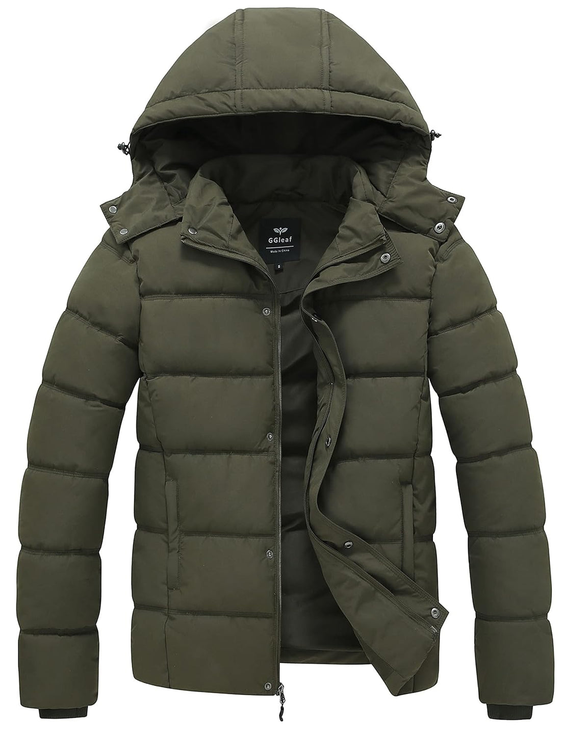 GGleaf Men's Hooded Winter Coat Warm Puffer Jacket Thicken Cotton Coat with Removable Hood, Army Green, Medium