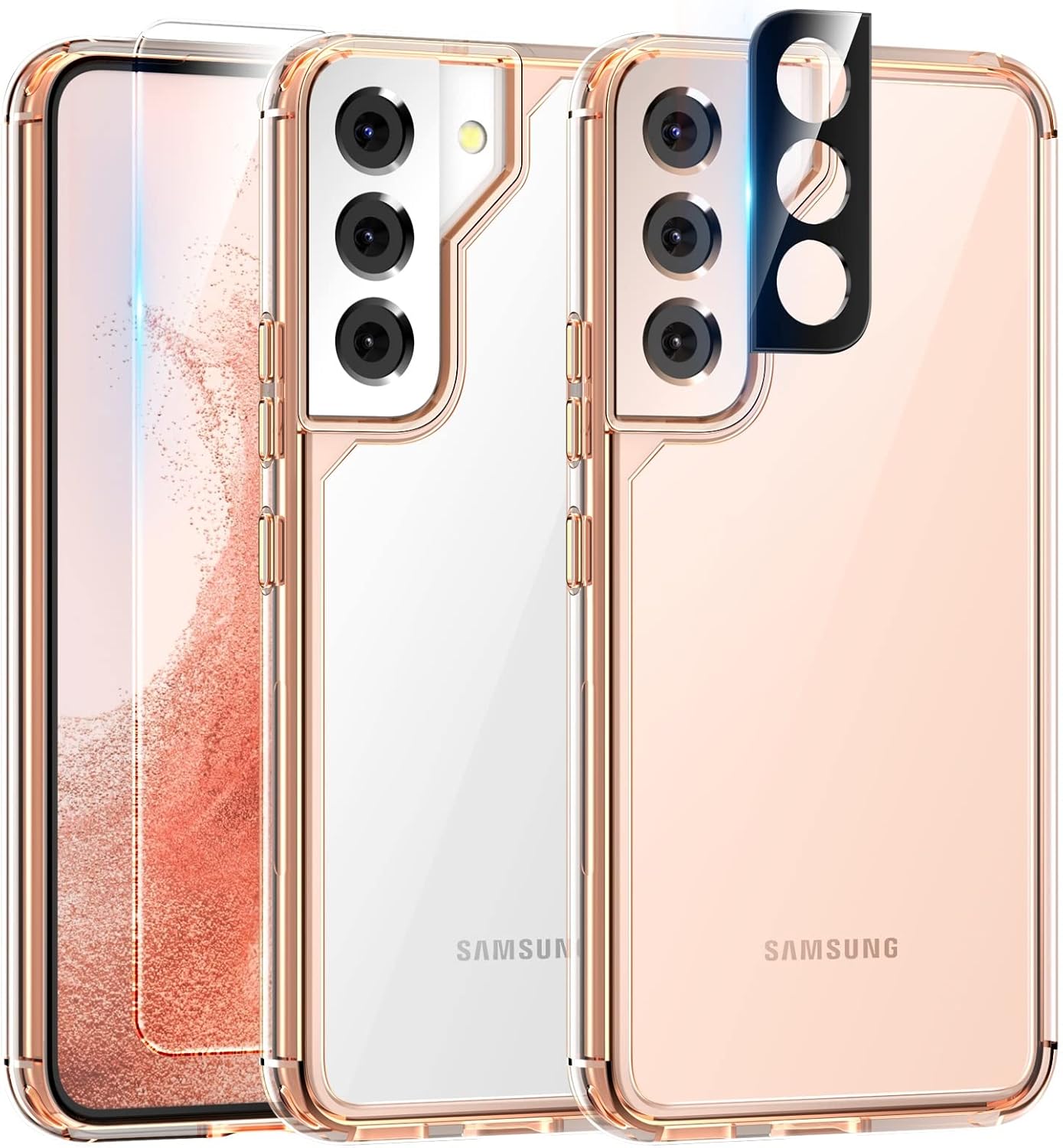 TAURI [5 in 1 Shockproof Designed for Samsung Galaxy S22 Plus Case 5G 6.6 Inch, with 2 Pack Tempered Glass Screen Protector + 2 Pack Camera Lens Protector Slim Cover-Rose Gold