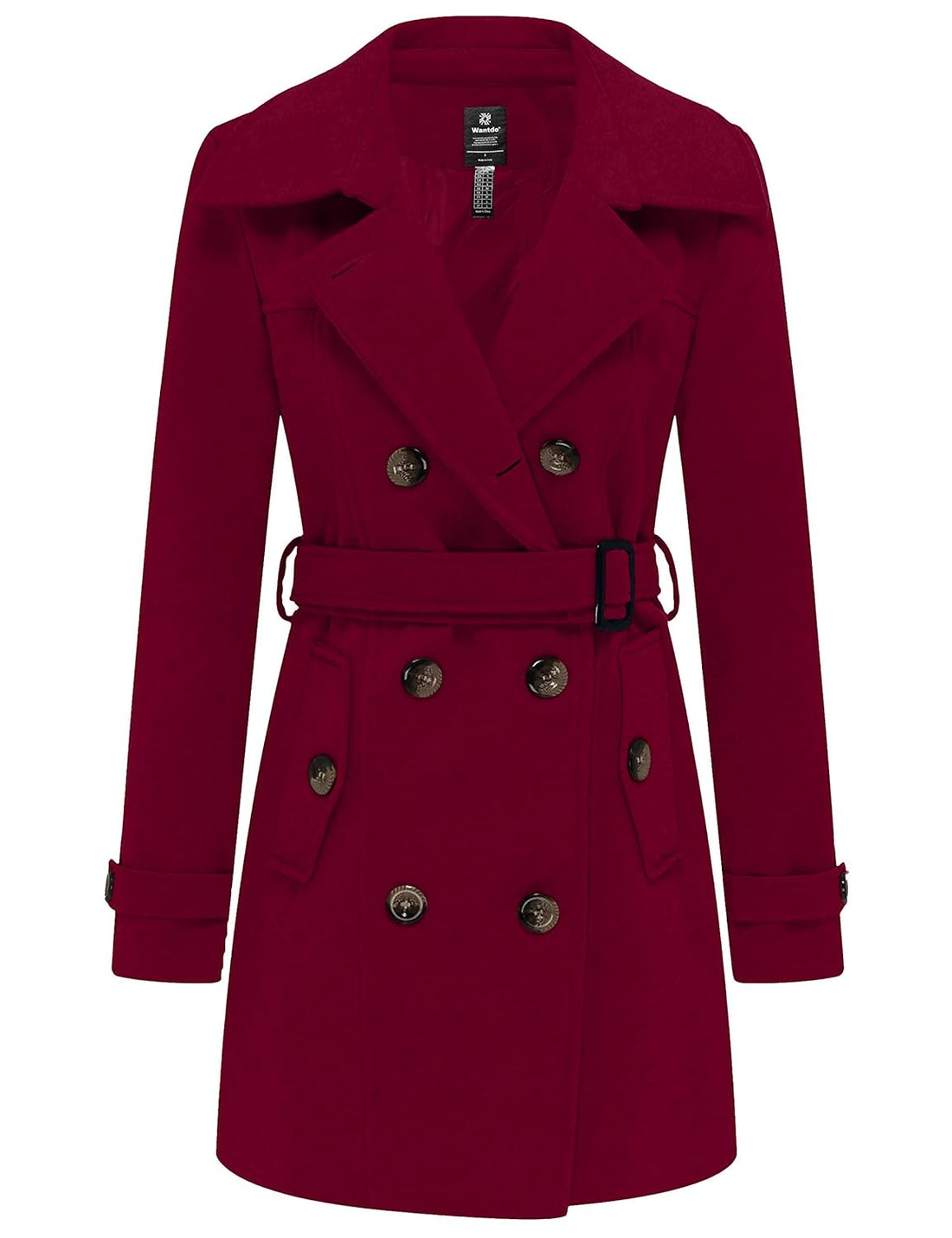 Wantdo Women's Spring Peacoat Double Breasted Pea Coat with Belt Wine L