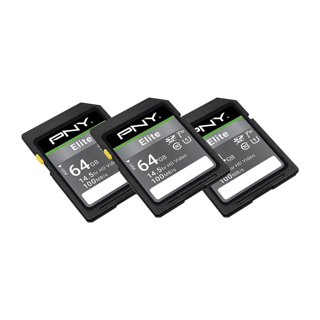 PNY 64GB Elite Class 10 U1 V10 SDXC Flash Memory Card 3-Pack - 100MB/s Read, Class 10, U1, V10, Full HD, UHS-I, Full Size SD (P-SD64GX3U1100EL-MP)