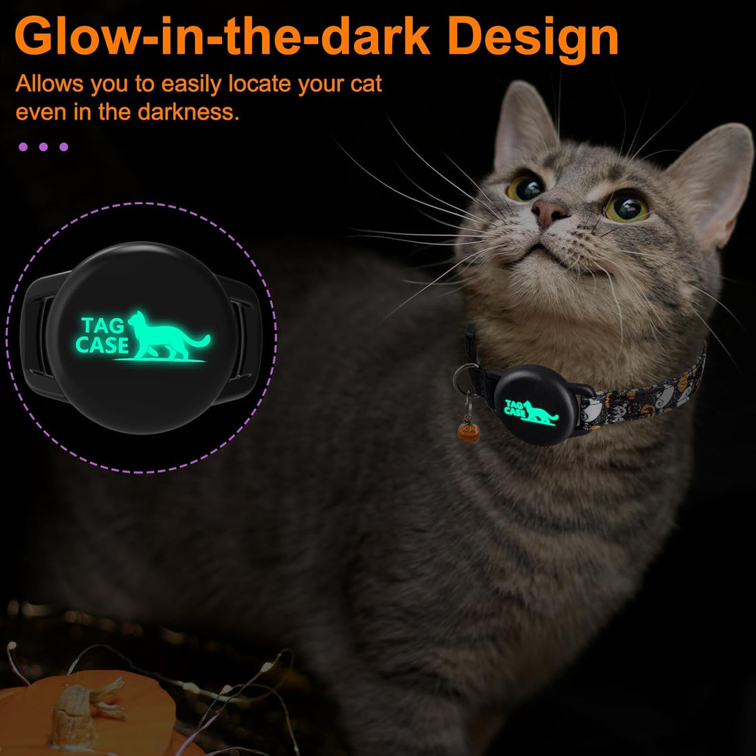 Halloween AirTag Cat Collar with Waterproof Air tag Holder - Luminous Design,Secure Elastic Strap for Easy Escape - Soft&Durable 1000D Nylon,Cat GPS Tracker Collar for Girl Boy Cats,Kittens(with bell)