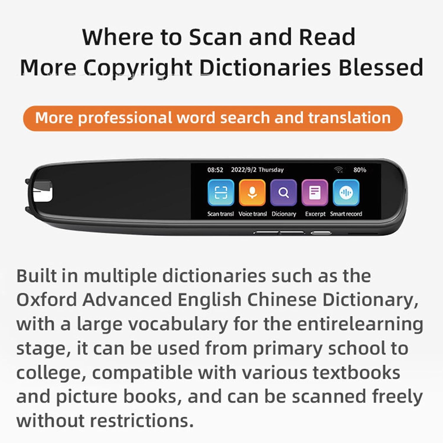 2.99in Scanning Translation Pen, 2MP WiFi Smart HD, 134 Language Translator Device Offline Dictionary Pen for Language Learners(Black)