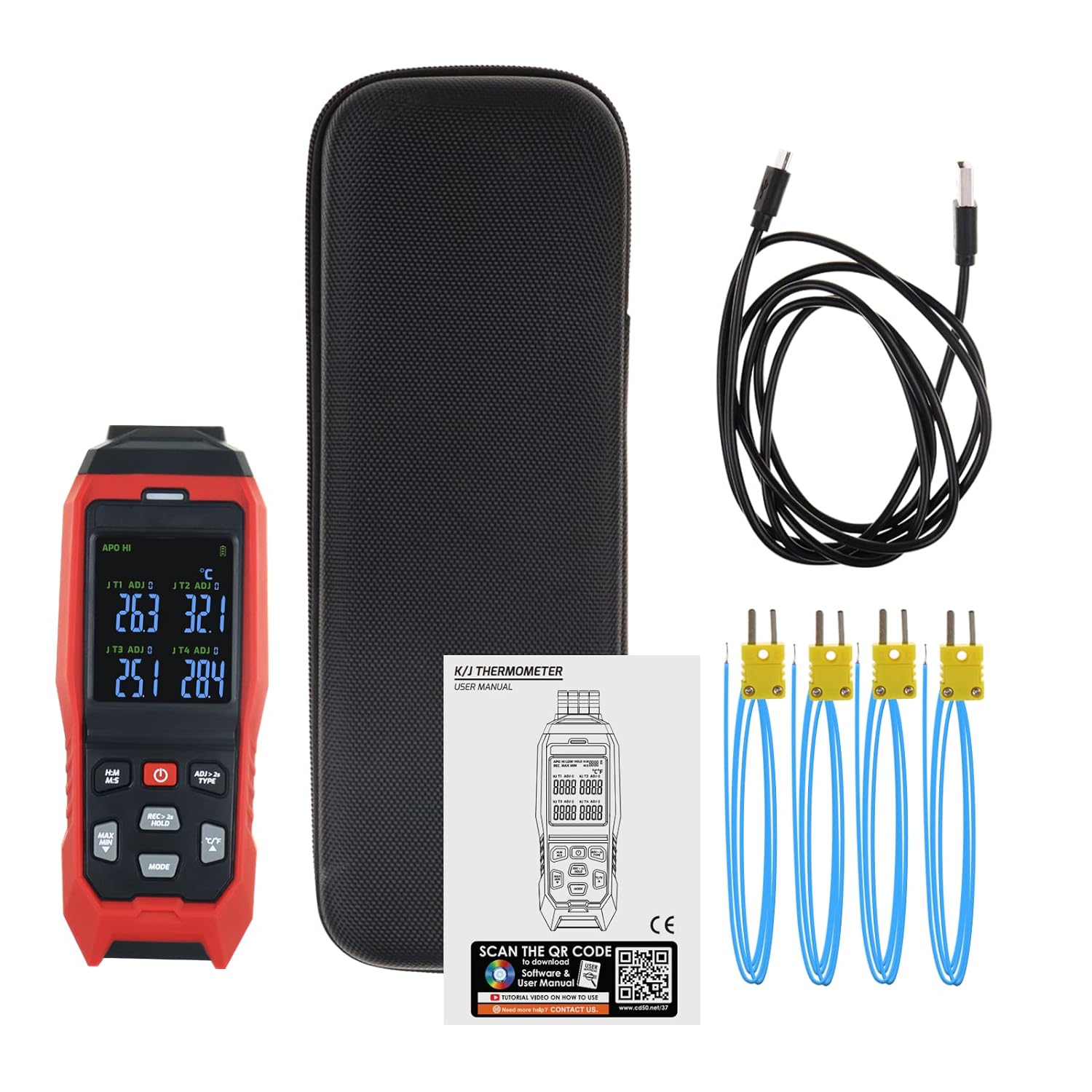 K Type Thermocouple Thermometer 4 Channels Thermometer Data Logger with Sound & Light Alarm and Real-time Data Logging