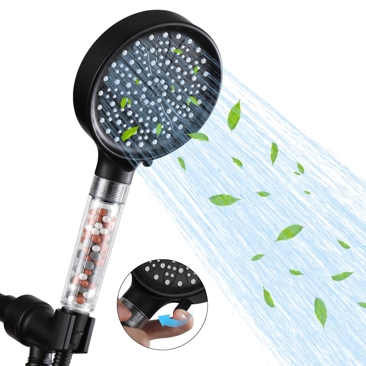 Essbhach Handheld Shower Head Filter for Hard Water Black, Massage Spray, Built in Power Wash